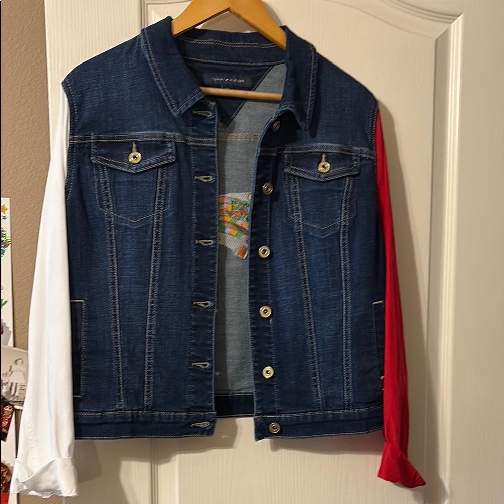 Denim Jacket with Red and White Sleeves